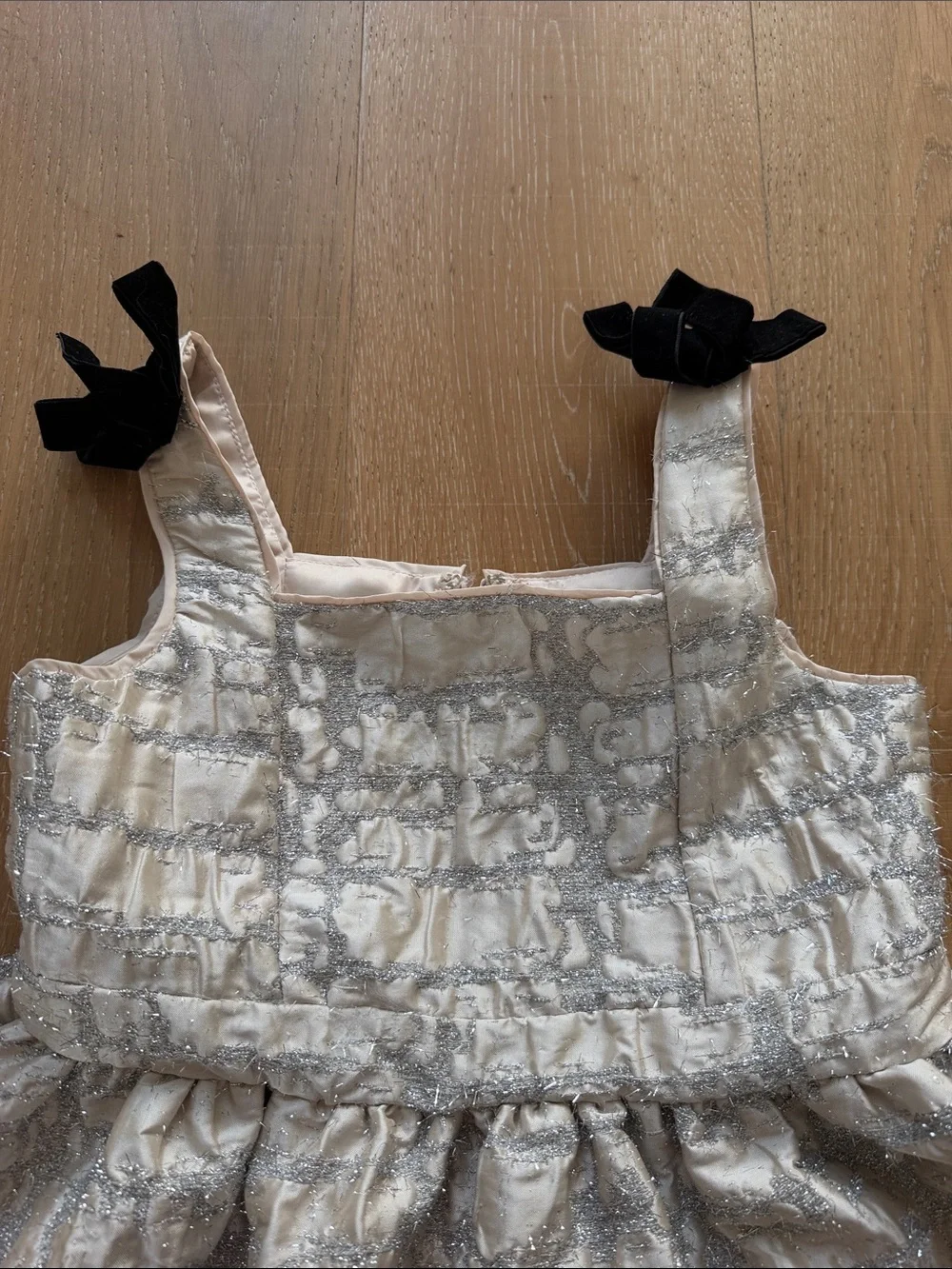 Ivory Metallic Pattern Girls Party Dress with Black Bow Straps